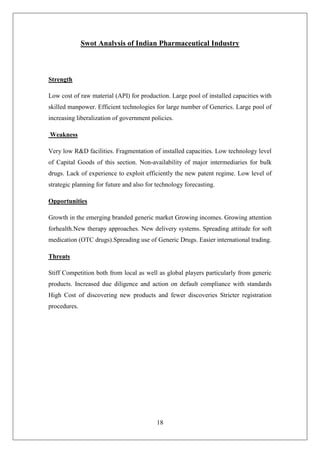 18
Swot Analysis of Indian Pharmaceutical Industry
Strength
Low cost of raw material (API) for production. Large pool of installed capacities with
skilled manpower. Efficient technologies for large number of Generics. Large pool of
increasing liberalization of government policies.
Weakness
Very low R&D facilities. Fragmentation of installed capacities. Low technology level
of Capital Goods of this section. Non-availability of major intermediaries for bulk
drugs. Lack of experience to exploit efficiently the new patent regime. Low level of
strategic planning for future and also for technology forecasting.
Opportunities
Growth in the emerging branded generic market Growing incomes. Growing attention
forhealth.New therapy approaches. New delivery systems. Spreading attitude for soft
medication (OTC drugs).Spreading use of Generic Drugs. Easier international trading.
Threats
Stiff Competition both from local as well as global players particularly from generic
products. Increased due diligence and action on default compliance with standards
High Cost of discovering new products and fewer discoveries Stricter registration
procedures.
 