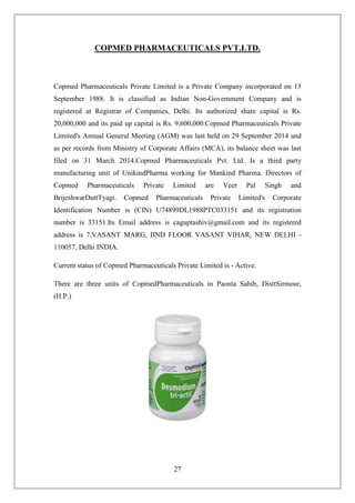 27
COPMED PHARMACEUTICALS PVT.LTD.
Copmed Pharmaceuticals Private Limited is a Private Company incorporated on 13
September 1988. It is classified as Indian Non-Government Company and is
registered at Registrar of Companies, Delhi. Its authorized share capital is Rs.
20,000,000 and its paid up capital is Rs. 9,600,000.Copmed Pharmaceuticals Private
Limited's Annual General Meeting (AGM) was last held on 29 September 2014 and
as per records from Ministry of Corporate Affairs (MCA), its balance sheet was last
filed on 31 March 2014.Copmed Pharmaceuticals Pvt. Ltd. Is a third party
manufacturing unit of UnikindPharma working for Mankind Pharma. Directors of
Copmed Pharmaceuticals Private Limited are Veer Pal Singh and
BrijeshwarDuttTyagi. Copmed Pharmaceuticals Private Limited's Corporate
Identification Number is (CIN) U74899DL1988PTC033151 and its registration
number is 33151.Its Email address is caguptashiv@gmail.com and its registered
address is 7,VASANT MARG, IIND FLOOR VASANT VIHAR, NEW DELHI -
110057, Delhi INDIA.
Current status of Copmed Pharmaceuticals Private Limited is - Active.
There are three units of CopmedPharmaceuticals in Paonta Sahib, DisttSirmour,
(H.P.)
 