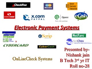 Electronic Payment Systems



                    Presented by-
                     Nishank jain
                  B Tech 3rd yr IT
                       Roll no-28
                               1
 