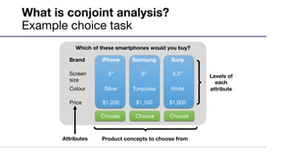 What is conjoint analysis? 
Multiple choice tasks per respondent
Q3. Which of these chat apps would you choose?
Q4. Which ...