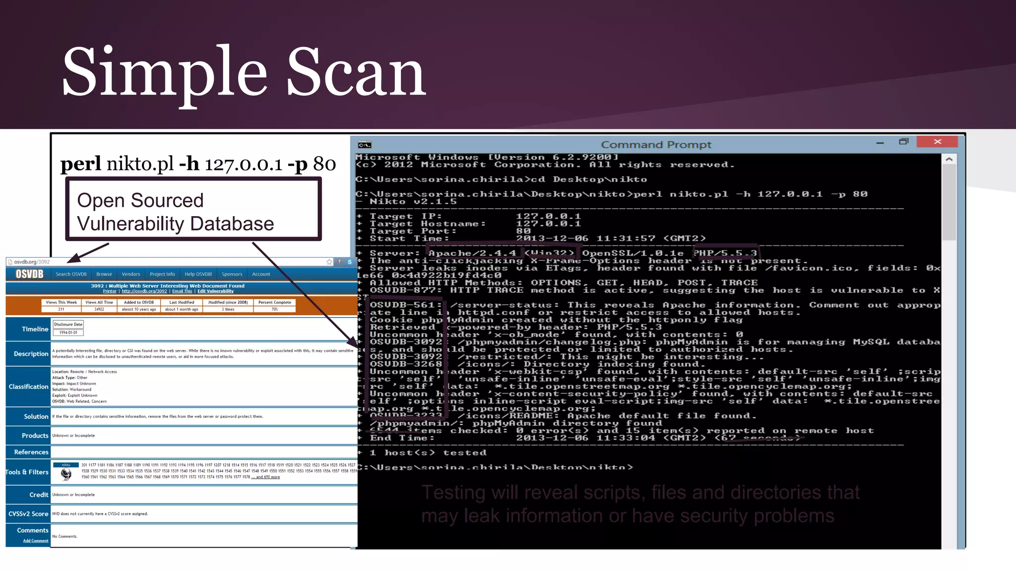 Simple Scan
perl nikto.pl -h 127.0.0.1 -p 80
Open Sourced
Vulnerability Database

Testing will reveal scripts, files and directories that
may leak information or have security problems

 