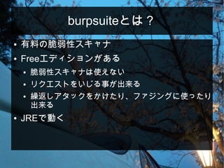 burpsuiteとは？
● 有料の脆弱性スキャナ
● Freeエディションがある
● 脆弱性スキャナは使えない
● リクエストをいじる事が出来る
● 繰返しアタックをかけたり、ファジングに使ったり
出来る
● JREで動く
 