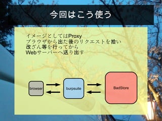 今回はこう使う
burpsuite BadStorebrowser
イメージとしてはProxy
ブラウザから た のリクエストを い出 後 拾
ざん を ってから改 等 行
Webサーバーへ り す送 出
 