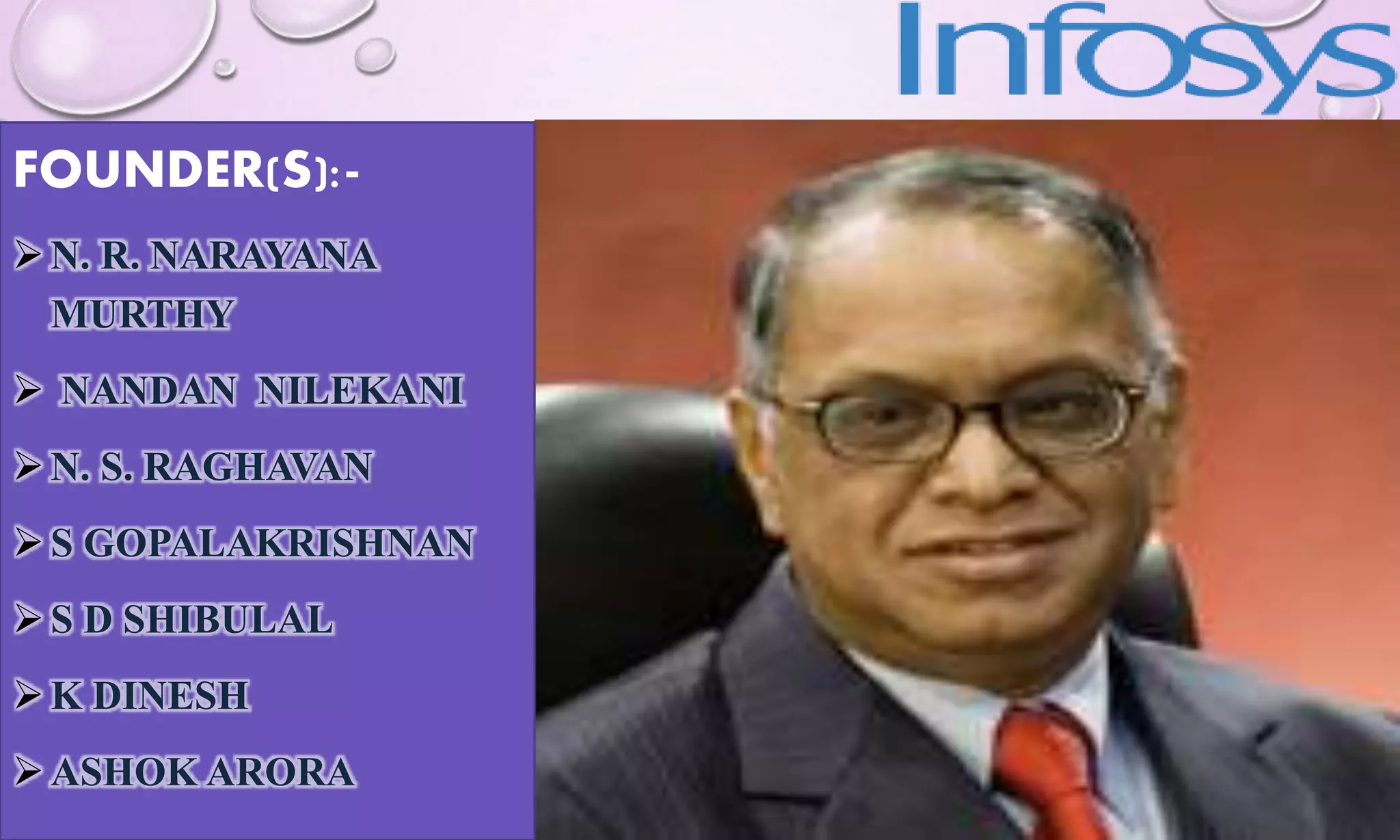 FOUNDER(S):-
N. R. NARAYANA
MURTHY
 NANDAN NILEKANI
N. S. RAGHAVAN
S GOPALAKRISHNAN
S D SHIBULAL
K DINESH
ASHOK ARORA
 