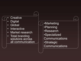 • Creative
• Digital
• Global
• Interactive
• Market research
• Total branding
solutions across
all communication
•Marketing
•Planning
•Research
•Specialized
Communications
•Strategic
Communications
 