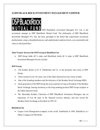 28 | P a g e
3] DSP BLACK ROCK INVESTMENT MANAGEMENT LIMITED.
DSP BlackRock Investment Managers Pvt. Ltd. is the
investment manager to DSP BlackRock Mutual Fund. The philosophy of DSP BlackRock
Investment Managers Pvt. Ltd. has been grounded in the belief that experienced investment
professionals, using a disciplined process and sophisticated analytical tools, can consistently add
value to client portfolios.
Joint Venture between the DSP Group & BlackRock Inc
 DSP Group holds 60 % stake and BlackRock holds 40 % stake in DSP BlackRock
Investment Managers Private Limited
DSP Group
 The Kothari family of D. S. Purbhoodas and Co. is the promoter and owner of DSP
Group
 Track record of over 145 years, one of the oldest financial services firms in India
 One of the founding members and first directors of the Bombay Stock Exchange (BSE)
 Each generation of the DSP Group has seen a partner serving as President of the Bombay
Stock Exchange, bearing testimony to the long-standing position DSP Group occupies in
the Indian financial arena
 Mr. Hemendra Kothari, Chairman of DSP BlackRock Investment Managers, has an
experience of over 40 years in the financial services industry, and also served the
Bombay Stock Exchange as President in 1991-92
BlackRock Inc
 Largest Asset Management company in the world. Established in 1988, BlackRock is a
Public Company (NYSE:BLK)
 