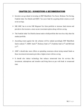 58 | P a g e
Chapter [9] :- SUGGESTIONS & Recommendations
 Investors can go ahead in investing in DSP BlackRock Tax Saver, Reliance Tax Saving,
Franklin India Tax Shield and HDFC Tax saver fund for acquiring better returns as well
as tax savings.
 SBI AMC has to revise SBI Magnum Tax Gain portfolio to increase fund returns and
provide to the investors a more secure investment option along with tax saving.
 The Franklin India Tax Shield scheme tends to hold portfolio that were less risky than the
market portfolio.
 According return against the risk schemes will be ranked accordingly DSP BlackRock
fund is ranked 1st
, HDFC fund 2nd
, Reliance fund is 3rd
, Frankline fund is 4th
and SBI fund
is 5th
.
 AMC‟s should take more efforts on spreading awareness about taxing mutual funds as
these investment instruments provides a higher return with tax saving
 It should also induce technology that reduces turnaround time for services like
investment, redemptions and transfers and bring them on par with bank in turnaround
time.
 