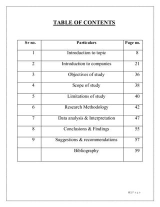 6 | P a g e
TABLE OF CONTENTS
Sr no. Particulars Page no.
1 Introduction to topic 8
2 Introduction to companies 21
3 Objectives of study 36
4 Scope of study 38
5 Limitations of study 40
6 Research Methodology 42
7 Data analysis & Interpretation 47
8 Conclusions & Findings 55
9 Suggestions & recommendations 57
Bibliography 59
 