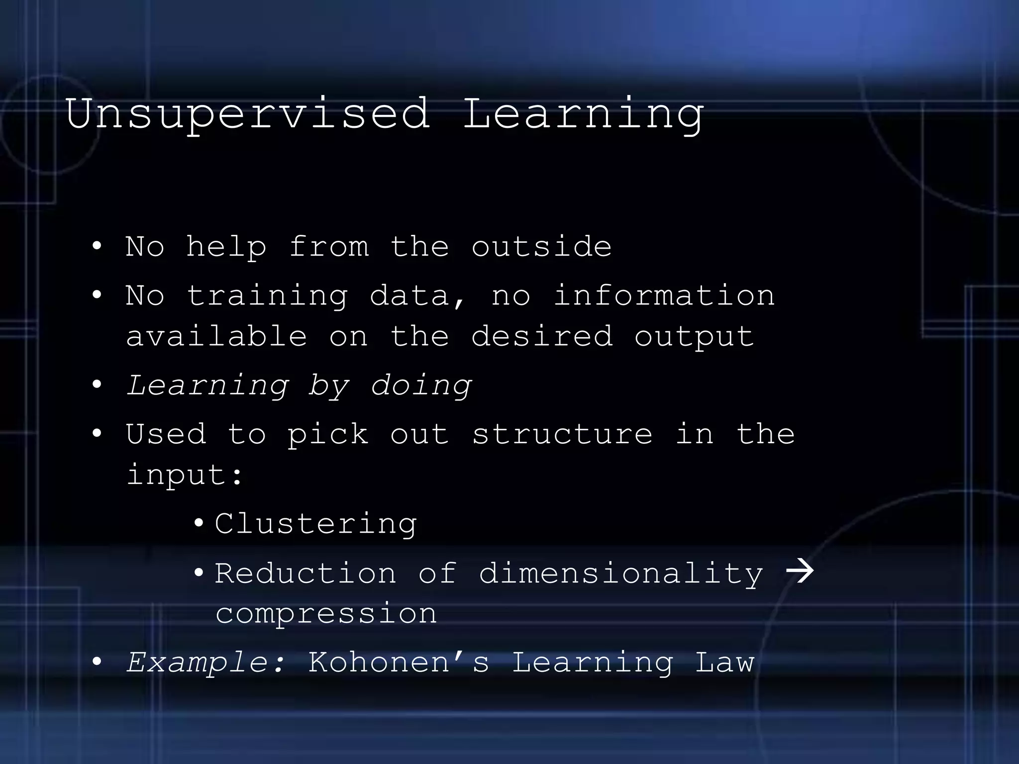 Activation FunctionsControls when unit is “active” or “inactive”Threshold function outputs 1 when input is positive and 0 otherwiseSigmoid function = 1 / (1 + e-x)