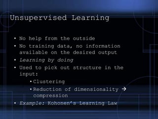 Activation FunctionsControls when unit is “active” or “inactive”Threshold function outputs 1 when input is positive and 0 otherwiseSigmoid function = 1 / (1 + e-x)