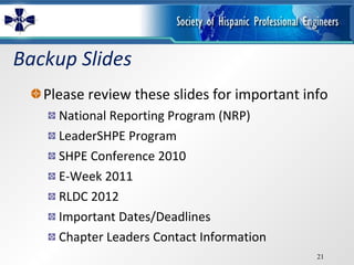 Backup Slides Please review these slides for important info National Reporting Program (NRP) LeaderSHPE Program SHPE Conference 2010 E-Week 2011 RLDC 2012 Important Dates/Deadlines Chapter Leaders Contact Information 