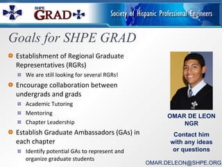 Establishment of Regional Graduate Representatives (RGRs) We are still looking for several RGRs! Encourage collaboration between undergrads and grads Academic Tutoring Mentoring Chapter Leadership Establish Graduate Ambassadors (GAs) in each chapter Identify potential GAs to represent and organize graduate students OMAR DE LEON NGR [email_address] Contact him with any ideas or questions Goals for SHPE GRAD 
