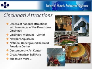 Cincinnati Attractions Dozens of national attractions within minutes of the Downtown Cincinnati Cincinnati Museum  Center Newport Aquarium  National Underground Railroad Freedom Center Contemporary Art Center Great American Ball Park and much more… 