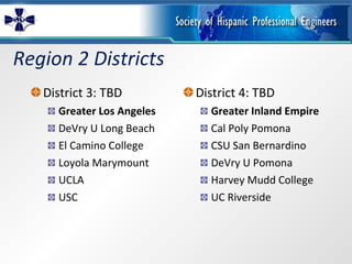 Region 2 Districts District 3: TBD Greater Los Angeles DeVry U Long Beach El Camino College Loyola Marymount UCLA USC District 4: TBD Greater Inland Empire Cal Poly Pomona CSU San Bernardino DeVry U Pomona Harvey Mudd College UC Riverside 
