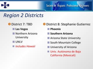 Region 2 Districts District 7: TBD Las Vegas Northern Arizona University UNLV Includes Hawaii District 8: Stephanie Gutierrez Phoenix Southern Arizona Arizona State University South Mountain College University of Arizona Univ. Autónoma de Baja California (Mexicali) 