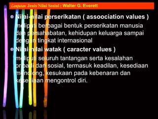 Nilai-nilai perserikatan ( assoociation values )
meliputi berbagai bentuk perserikatan manusia
dan persahabatan, kehidupan keluarga sampai
dengan tingkat internasional
Nilai-nilai watak ( caracter values )
meliputi seluruh tantangan serta kesalahan
pribadi dan sosial, termasuk keadilan, kesediaan
menolong, kesukaan pada kebenaran dan
kesediaan mengontrol diri.
Lanjutan Jenis Nilai Sosial ; Walter G. Everett
 