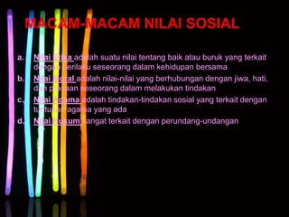 MACAM-MACAM NILAI SOSIAL
a. Nilai Etika adalah suatu nilai tentang baik atau buruk yang terkait
dengan perilaku seseorang dalam kehidupan bersama
b. Nilai Moral adalah nilai-nilai yang berhubungan dengan jiwa, hati,
dan prasaan seseorang dalam melakukan tindakan
c. Nilai Agama adalah tindakan-tindakan sosial yang terkait dengan
tuntunan agama yang ada
d. Nilai Hukum sangat terkait dengan perundang-undangan
 
