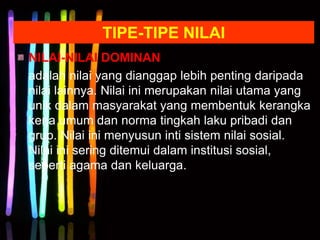 TIPE-TIPE NILAI
NILAI-NILAI DOMINAN
adalah nilai yang dianggap lebih penting daripada
nilai lainnya. Nilai ini merupakan nilai utama yang
unik dalam masyarakat yang membentuk kerangka
kerja umum dan norma tingkah laku pribadi dan
grup. Nilai ini menyusun inti sistem nilai sosial.
Nilai ini sering ditemui dalam institusi sosial,
seperti agama dan keluarga.
 