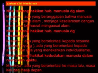 Nilai tentang hakikat hub. manusia dg alam
Misalnya : ada yang beranggapan bahwa manusia
tunduk kepada alam , menjaga keselarasan dengan
alam atau berhasrat menguasai alam.
Nilai tentang hakikat hub. manusia dg
sesamanya
Misalnya : ada yang berorientasi kepada sesama
(gotong royong ), ada yang berorientasi kepada
atasan dan ada yang menekankan individualisme.
Nilai tentang hakikat kedudukan manusia dalam
ruang dan waktu.
Misalnya : ada yang berorientasi ke masa lalu, masa
kini dan masa depan.
Lanjutan nilai kebudayaan
 