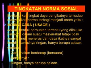 TINGKATAN NORMA SOSIAL
Berdasarkan tingkat daya pengikatnya terhadap
masyarakat, norma terbagi menjadi enam yaitu :
NORMA CARA ( USAGE )
adalah bentuk perbuatan tertentu yang dilakuka
nindividu dalam suatu masyarakat tetapi tidak
secara terus menerus dan daya ikatnya sangat
lemah. Sanksinya ringan, hanya berupa celaan.
Contoh :
Cara makan berdecap (bersuara)
Sanksinya :
Ringan, hanya berupa celaan.
 