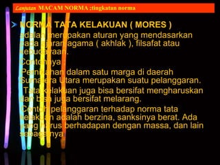 NORMA TATA KELAKUAN ( MORES )
adalah merupakan aturan yang mendasarkan
pada ajaran agama ( akhlak ), filsafat atau
kebudayaan.
Contohnya :
Pernikahan dalam satu marga di daerah
Sumatera Utara merupakan suatu pelanggaran.
Tata kelakuan juga bisa bersifat mengharuskan
dan bisa juga bersifat melarang.
Contoh pelanggaran terhadap norma tata
kelakuan adalah berzina, sanksinya berat. Ada
yang harus berhadapan dengan massa, dan lain
sebagainya
Lanjutan MACAM NORMA ;tingkatan norma
 