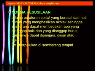 NORMA KESUSILAAN
adalah peraturan sosial yang berasal dari hati
nurani yang menghasilkan akhlak sehingga
seseorang dapat membedakan apa yang
dianggap baik dan yang dianggap buruk.
Sanksinya dapat dipenjara, diusir atau
dijauhi.
Ex : berpelukan di sembarang tempat
Lanjutan MACAM NORMA ;daya pengikatnya
 