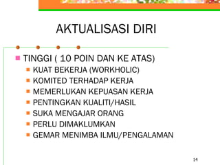 AKTUALISASI DIRI TINGGI ( 10 POIN DAN KE ATAS) KUAT BEKERJA (WORKHOLIC) KOMITED TERHADAP KERJA MEMERLUKAN KEPUASAN KERJA PENTINGKAN KUALITI/HASIL SUKA MENGAJAR ORANG PERLU DIMAKLUMKAN GEMAR MENIMBA ILMU/PENGALAMAN 