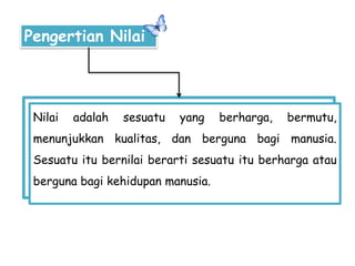 Pengertian Nilai
Nilai adalah sesuatu yang berharga, bermutu,
menunjukkan kualitas, dan berguna bagi manusia.
Sesuatu itu bernilai berarti sesuatu itu berharga atau
berguna bagi kehidupan manusia.
 