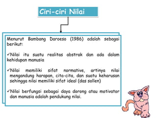 Ciri-ciri Nilai
Menurut Bambang Daroeso (1986) adalah sebagai
berikut:
Nilai itu suatu realitas abstrak dan ada dalam
kehidupan manusia
Nilai memiliki sifat normative, artinya nilai
mengandung harapan, cita-cita, dan suatu keharusan
sehingga nilai memiliki sifat ideal (das sollen)
Nilai berfungsi sebagai daya dorong atau motivator
dan manusia adalah pendukung nilai.
 