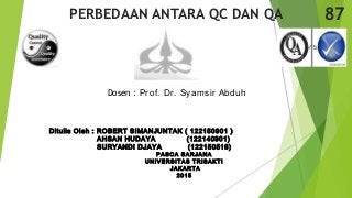 Dosen : Prof. Dr. Syamsir Abduh
PERBEDAAN ANTARA QC DAN QA
Ditulis Oleh : ROBERT SIMANJUNTAK ( 122150901 )
AHSAN HUDAYA (122140901)
SURYANDI DJAYA (122150516)
PASCA SARJANA
UNIVERSITAS TRISAKTI
JAKARTA
2015
87
 
