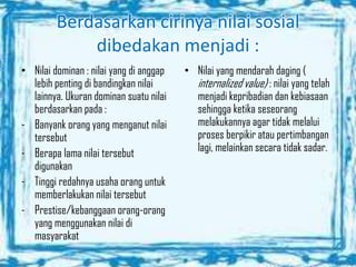 Berdasarkan cirinya nilai sosial
dibedakan menjadi :
• Nilai dominan : nilai yang di anggap
lebih penting di bandingkan nilai
lainnya. Ukuran dominan suatu nilai
berdasarkan pada :
- Banyank orang yang menganut nilai
tersebut
- Berapa lama nilai tersebut
digunakan
- Tinggi redahnya usaha orang untuk
memberlakukan nilai tersebut
- Prestise/kebanggaan orang-orang
yang menggunakan nilai di
masyarakat

• Nilai yang mendarah daging (
internalized value) : nilai yang telah
menjadi kepribadian dan kebiasaan
sehingga ketika seseorang
melakukannya agar tidak melalui
proses berpikir atau pertimbangan
lagi, melainkan secara tidak sadar.

 