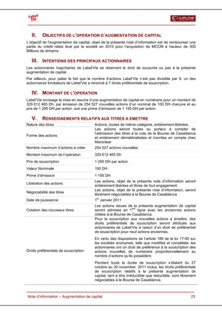  


   II.    OBJECTIFS DE L’OPERATION D’AUGMENTATION DE CAPITAL
L’objectif de l’augmentation de capital, objet de la présente note d’information est de rembourser une
partie du crédit relais levé par la société en 2010 pour l’acquisition de MCCM à hauteur de 300
Millions de dirhams.

   III. INTENTIONS DES PRINCIPAUX ACTIONNAIRES
Les actionnaires majoritaires de Label’Vie se réservent le droit de souscrire ou pas à la présente
augmentation de capital.
Par ailleurs, pour palier le fait que le nombre d’actions Label’Vie n’est pas divisible par 9, un des
actionnaires fondateurs de Label’Vie a renoncé à 7 droits préférentiels de souscription.

   IV. MONTANT DE L’OPERATION
Label’Vie envisage la mise en oeuvre d’une augmentation de capital en numéraire pour un montant de
329 612 465 Dh, par émission de 254 527 nouvelles actions d’un nominal de 100 DH chacune et au
prix de 1 295 DH par action, soit une prime d’émission de 1 195 DH par action.

   V.     RENSEIGNEMENTS RELATIFS AUX TITRES A EMETTRE
Nature des titres                        Actions, toutes de même catégorie, entièrement libérées.
                                         Les actions seront toutes au porteur à compter de
                                         l’admission des titres à la cote de la Bourse de Casablanca
Forme des actions
                                         et entièrement dématérialisées et inscrites en compte chez
                                         Maroclear
Nombre maximum d’actions à créer         254 527 actions nouvelles
Montant maximum de l’opération           329 612 465 Dh
Prix de souscription                     1 295 DH par action
Valeur Nominale                          100 DH
Prime d’émission                         1 195 DH
                                         Les actions, objet de la présente note d’information seront
Libération des actions
                                         entièrement libérées et libres de tout engagement
                                         Les actions, objet de la présente note d’information, seront
Négociabilité des titres
                                         librement négociables à la Bourse de Casablanca
Date de jouissance                       1er Janvier 2011
                                         Les actions issues de la présente augmentation de capital
Cotation des nouveaux titres             seront admises en 1ère ligne avec les anciennes actions
                                         côtées à la Bourse de Casablanca.
                                         Pour la souscription aux nouvelles actions à émettre, des
                                         droits préférentiels de souscription seront attribués aux
                                         actionnaires de Label’Vie à raison d’un droit de préférentiel
                                         de souscription pour neuf actions anciennes.
                                         En vertu des dispositions de l’article 189 de la loi 17-95 sur
                                         les sociétés anonymes, telle que modifiée et complétée, les
                                         actionnaires ont un droit de préférence à la souscription des
Droits préférentiels de souscription     actions nouvelles de numéraire proportionnellement au
                                         nombre d’actions qu’ils possèdent.
                                         Pendant toute la durée de souscription s’étalant du 27
                                         octobre au 30 novembre 2011 inclus, les droits préférentiels
                                         de souscription relatifs à la présente augmentation de
                                         capital, tant à titre irréductible que réductible, sont librement
                                         négociables à la Bourse de Casablanca.


  Note d’information – Augmentation de capital                                                        25
 