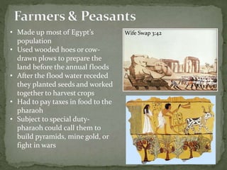 • Made up most of Egypt’s
population
• Used wooded hoes or cow-
drawn plows to prepare the
land before the annual floods
• After the flood water receded
they planted seeds and worked
together to harvest crops
• Had to pay taxes in food to the
pharaoh
• Subject to special duty-
pharaoh could call them to
build pyramids, mine gold, or
fight in wars
Wife Swap 3:42
 