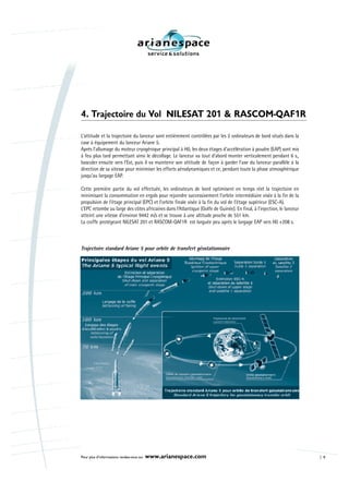 4. Trajectoire du Vol NILESAT 201 & RASCOM-QAF1R

L’attitude et la trajectoire du lanceur sont entièrement contrôlées par les 2 ordinateurs de bord situés dans la
case à équipement du lanceur Ariane 5.
Après l’allumage du moteur cryogénique principal à H0, les deux étages d’accélération à poudre (EAP) sont mis
à feu plus tard permettant ainsi le décollage. Le lanceur va tout d’abord monter verticalement pendant 6 s.,
basculer ensuite vers l’Est, puis il va maintenir son attitude de façon à garder l’axe du lanceur parallèle à la
direction de sa vitesse pour minimiser les efforts aérodynamiques et ce, pendant toute la phase atmosphérique
jusqu’au largage EAP.

Cette première partie du vol effectuée, les ordinateurs de bord optimisent en temps réel la trajectoire en
minimisant la consommation en ergols pour rejoindre successivement l’orbite intermédiaire visée à la fin de la
propulsion de l’étage principal (EPC) et l’orbite finale visée à la fin du vol de l’étage supérieur (ESC-A).
L’EPC retombe au large des côtes africaines dans l’Atlantique (Golfe de Guinée). En final, à l’injection, le lanceur
atteint une vitesse d’environ 9442 m/s et se trouve à une altitude proche de 551 km.
La coiffe protégeant NILESAT 201 et RASCOM-QAF1R est larguée peu après le largage EAP vers H0 +208 s.



Trajectoire standard Ariane 5 pour orbite de transfert géostationnaire




Pour plus d’informations rendez-vous sur   www.arianespace.com                                                         5
 