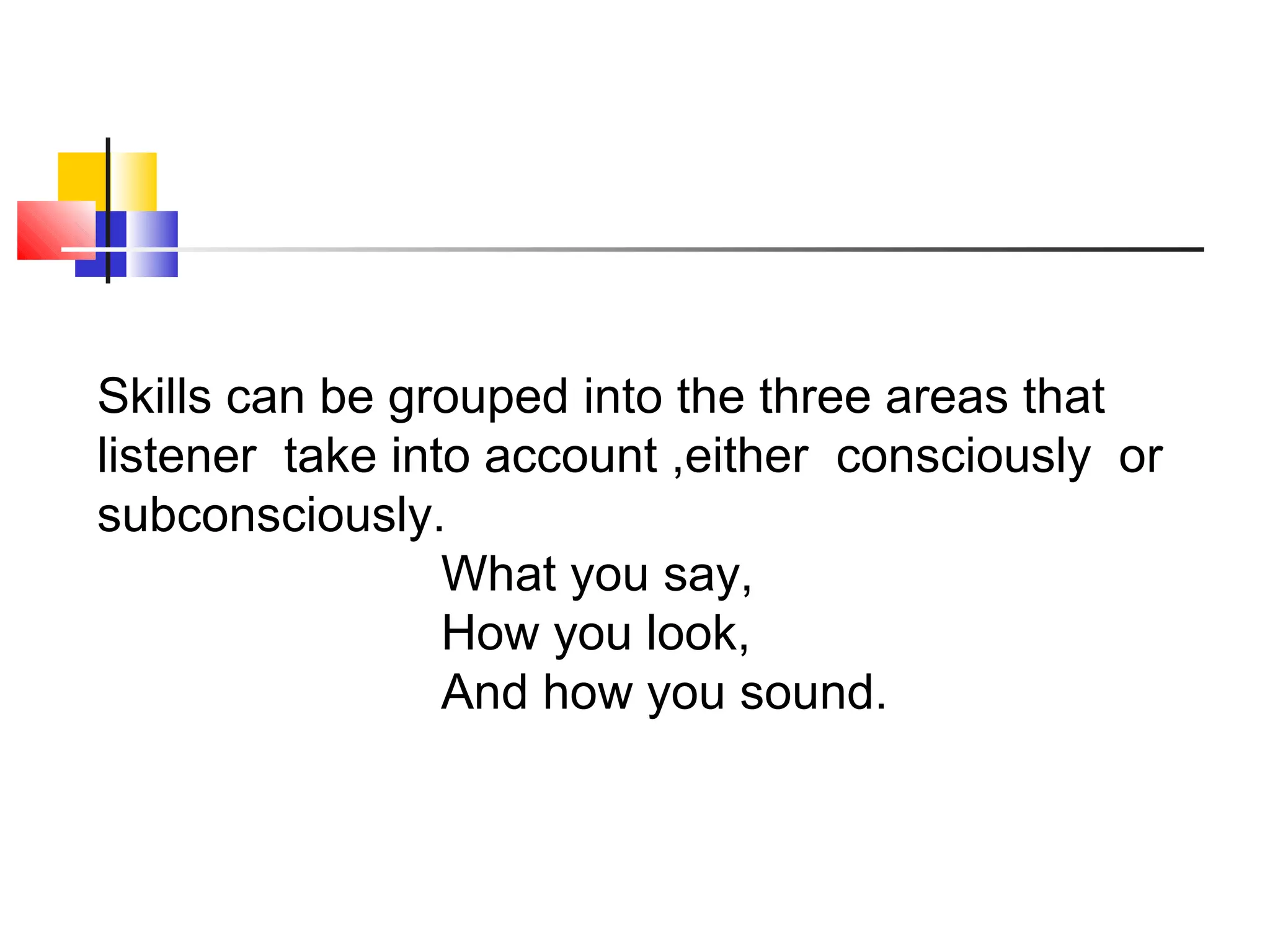 Skills can be grouped into the three areas that
listener take into account ,either consciously or
subconsciously.
What you say,
How you look,
And how you sound.

 