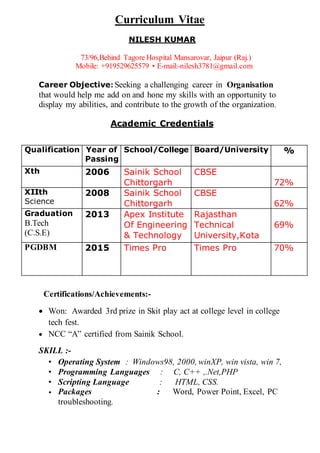 Curriculum Vitae
NILESH KUMAR
73/96,Behind Tagore Hospital Mansarovar, Jaipur (Raj.)
Mobile: +919529625579 • E-mail:-nilesh3781@gmail.com
Career Objective:Seeking a challenging career in Organisation
that would help me add on and hone my skills with an opportunity to
display my abilities, and contribute to the growth of the organization.
Academic Credentials
Qualification Year of
Passing
School/College Board/University %
Xth 2006 Sainik School
Chittorgarh
CBSE
72%
XIIth
Science
2008 Sainik School
Chittorgarh
CBSE
62%
Graduation
B.Tech
(C.S.E)
2013 Apex Institute
Of Engineering
& Technology
Rajasthan
Technical
University,Kota
69%
PGDBM 2015 Times Pro Times Pro 70%
Certifications/Achievements:-
 Won: Awarded 3rd prize in Skit play act at college level in college
tech fest.
 NCC “A” certified from Sainik School.
SKILL :-
• Operating System : Windows98, 2000, winXP, win vista, win 7,
• Programming Languages : C, C++ ,.Net,PHP
• Scripting Language : HTML, CSS.
• Packages : Word, Power Point, Excel, PC
troubleshooting.
 
