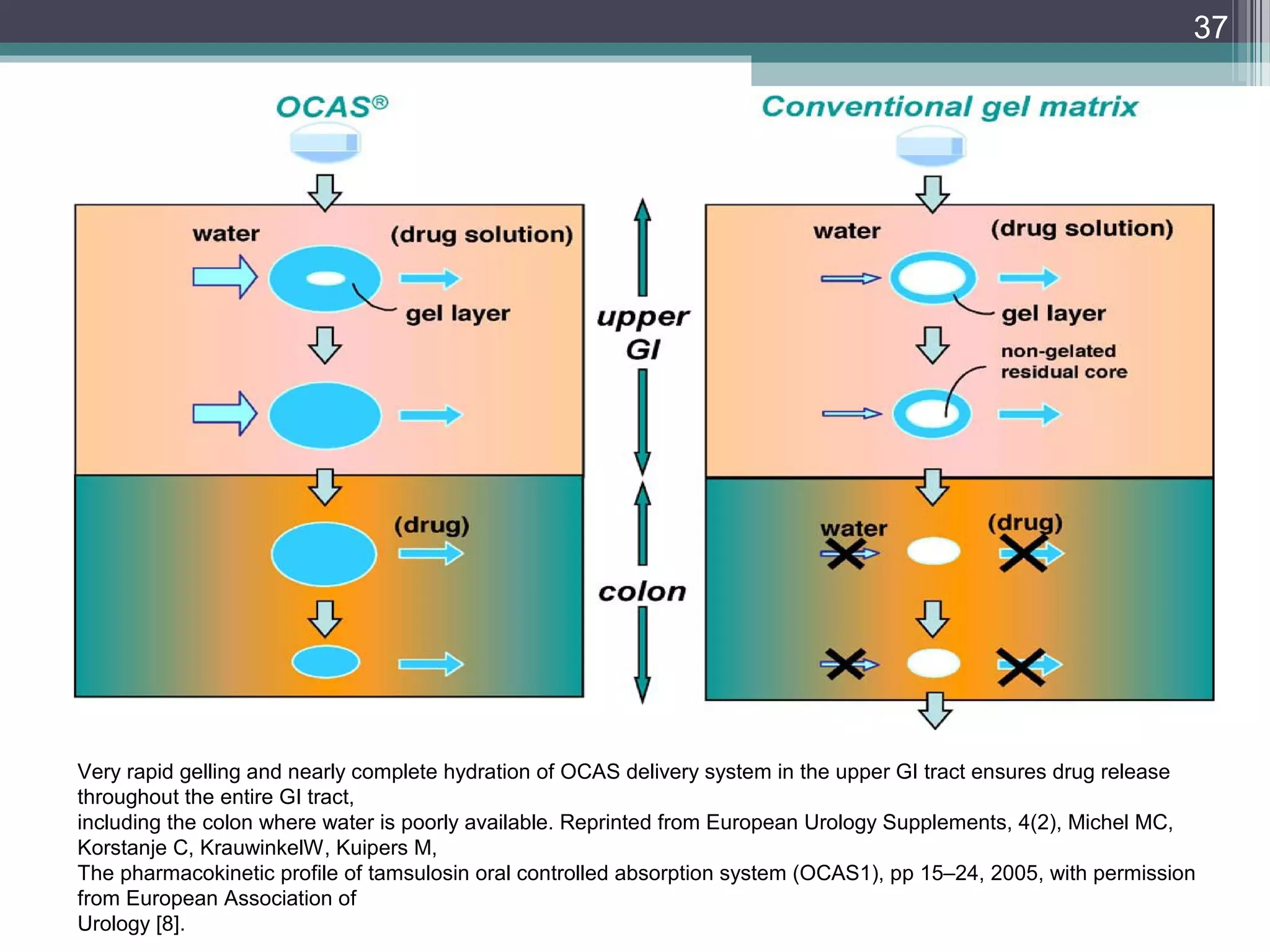Very rapid gelling and nearly complete hydration of OCAS delivery system in the upper GI tract ensures drug release
throughout the entire GI tract,
including the colon where water is poorly available. Reprinted from European Urology Supplements, 4(2), Michel MC,
Korstanje C, KrauwinkelW, Kuipers M,
The pharmacokinetic profile of tamsulosin oral controlled absorption system (OCAS1), pp 15–24, 2005, with permission
from European Association of
Urology [8].
37
 