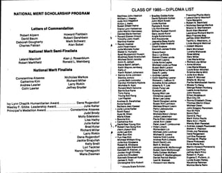 N A T IO N A L M E R IT S C H O L A R S H I P P R O G R A M
L e t t e r s o f C o m m e n d a t io n
C L A S S O F 1 9 8 5 — D I P L O M A L I S T
R o b e r t A l p e r n
D a v i d B a u m
D e b o r a h D o u g h e r t y
C h a r l e s F a b ia n
H o w a r d F Is h b e i n
Ro b e r t G e r s h b e i n
M a r k S c h w a r z
A l a n S o b e l
N a t i o n a l M e r i t S e m i -
F i n a l i s t s
L e i a n d M a n l l o f f
R o b e r t M a r k f i e l d
A la n J R o s e n b l u m
R o n a l d L W e i n b e r
g
N a t i o n a l M e r i t F i n a l is t s
C o n s t a n t in e A t s a v e s
C a t h e r i n e K i m
A n d r e w L a w l e r
C o l in L a w le r
Iv y L y n n C h a p l i k H u m a n it a r i a n A w a r d
W e s l e y F G ib b s L e a d e r s h i p A w a r d
P r i n c ip a l
'
s M e d a ll io n A w a r d
N i c h o la s M a r k o s
R ic h a r d M i l l e r
L a r r y R iv k i n
J e f f r e y S n y d e r
D a n a R u g e n d o r f
J u l ie K e l l e r
C o n s t a n t i n e A t s a v e s
J u d d B r o d y
M o l ly E d e ls t e in
L i s a H a t h y
J u l ie K e ll e r
B r a d K o i a r
R i c h a r d M i l le r
L a r r y R iv k i n
D a n a Ru g e n d o r f
J a c k i e S i r a j u l la h
K e l ly S n e l i
L o r i T e c k t i e l
N a n c y Y a m a g u c h i
M a r ia Z l s s m a n
M a t t ti e w J o h n H e d r i c h
W i l l i a m J H e e l a n
J u d y A n n H e ge d u s
A n t o n J ,
H e h n
S u s a n E i l e e n H e i n z
D i a n a L y n n H e l l e s t r a e
J o h n M a rt i n H e n n e s s y
D e n i s e M a r i e H e r m a n
R o n a l d S t e v e n H i r s c h
T i m o t h y J o h n H o e t t
M a r t i n a H o e l l e r
R a n d y H o e l z e l
J o h n H o e r r m a n n
J u l i e M i c h e l e H u b e r
M a b e l A H u rt a d o
S y e d M u z z a m m i l H u s a i n
M u s h t a
q S y e d I k r a m u l l a h
M i c h a e l S c o t t J a c o b s
A m In S J a h ja h
D i a n a S a m l r J a h ja h .
K e i t h W a y n e J e r n b e r
g
K e i i y J i
K e v i n Ro b e r t J o h a n s o n
N a n c y A n n e J o h n s o n
S i a v i c a J o v i c i c
L y n d a B e t h J u t o v s k y
C a r o l y n K i m b e r i y K a d o t a
M i c h e l l e N K a i o
R o n a l d M a r k K a l u z n a
B a r r i e S u e K a n e
T o n y K a n g
Y o u n
g S o o K a n g
L o r i K a p l a n
A n d r e w G K a r a t o t i a s
A n n a K a r a l i s
B a r b a r a J e a n K a s s e i
J u l i e L y n n e K e l l e r
S c o t t K e s u l
A y a z M K h a n
M a r i a K i k e s
B o n n i e K i m
C a t h e r i n e K i m
Da v i d S e e Y o u n g K i m
Ro b e rt H a n S o n g K i m
J i a n n J iy e u n K i m
J u l i e L e e K i m
M a n S u n K i m
Y u n H e e K i m
M i c h a e l W i l l i a m K i n g
J u l i e A n n K ir c h e n s
R o b e r t B K i r c h e n s
J o s e p h J o h n K i a n c n i k
K e n n e t h R K l e i n e r ,
J r
J o r d a n H u
g h K i i n s k y
J u l i e A n n K n u d s e n
K e n n e th E m a n u e l K o e k
J a m e s D K o h l
C h r i s t o p h e r E r i c K o k o t t
*
i i i i n o i s S t a t e S c h o l a r
•
B r a d le
y D o b b s K o i a r
D a v i d E p h r a i m K o i b e r
J o h n M a r k K o i s k i
L i n d a K o n t o s
P a m e l a s K o r a l
L i l y K o r n h a u s e r
W i l l i a m R u s s e l l K o r n i t
G a r y J a c o b K o r o l
A n
g l e K o t s in o n o s
K i m K o u z o u r e s
J e a n e t t e B e s s K o v i t z
.
J e f f r e
y A l i e n K r a k o w
C h e i i i K r a k o w
K e n n e t h J a m e s K r e b s
G r a c e K w o n
G u y J L a G i o i a
S t e v e n C h a s e L a n d e
K e n n e t h L a
p i n s
L i n d a A n n a La p k e
M i c h a e l L o u is L a Ro s a
S u s a n B e t h La r s o n
R o s a M a r i a La S c a ia
D a l e R L a s k y
♦
A n d r e w L a w le r
*
C o l i n G e o f f r e y L a w l e r
R i c h a r d L L e B r u n i l l
A n n e t t e A n n e L e d w o n
A i b e rt a S Y L e e
C i n d y F u n
g Le e
E u i s o o k L e e
K y o n g W o n L e e
C h r i s t i n a L e
p o i d
B r i a n L e e L e v e y
D a v i d D o u
g la s L e v i n e
S u s a n K i m L e v i n s o n
M e l i s s a S h a y n i L e w i n
P a t t y L i a k o p o u l o s
T In a L i a p i s
M i c h e l e M e r y l L i b m a n
J o d y e L i e b e r m a n
P a u l a E l l e n L i e b e r m a n
J a n e t A n n L i e d e r
P e t e r J o s e F L i m br u n n e r
«
V Id a i L i m p i n
R i c h a r d s o n L i n
M i c h a e l J o h n L o c h n e r
M i c h a e l s Lo r e n z
V a l e r i e V i c k i L o u k l s
A n d r e a R u t h L u i s a d a
S c o t t D a v i d L u tz
B e t h A M c C a w
J a c q u e l i n e M M c Do n o u
g h
S u s a n C a r o l M c D o n o u g h
K e l l y C o l le e n M c K e o n
T e r e s i t o P M a d i a n g b a y a n
D a n i e l P a t r i c k M a h a n
i y a d M M a k d a h
•
H o w a r d Ir w i n M a i i t z
F r a n c l n e P h y l l i s M a i t z
Le i a n d D a r r
y i M a n i i o t t
Y a n a M a r
g o l i n
R o b e rt N M a r k f ie l d
N i c h o l a s G e o r
g e M a r k o s
S h a r o n D M a r m e i s t e i n
S c o t t A l a n M a r s h a ll
L a w r e n c e R i c h a r d M a rt i n
M a r
y F r a n c e s M a
y
J e f f r e y A l i e n M a y b r u n
T e o t i i o U M e d r l a n o ,
J r
L i n d a M a r
g r e t M e i x n e r
.
J o s e p h M e y e r s
M a r k M i c h a l s e n
L o r e t t a M i e l c a r e k
R o s e M i k l a j
G a r y M i l l e r
L i s a M a r i e M i i i e r
.
R i c h a r d J a y M i l l e r
«
A n n a M i n k o v
L i s a M a r i e M Is a i e
L o u i s B r i a n M i t c h e l l
K r i s t i n e M a r i a M i t t i
«
J u l i e A n n M o l t z
A d a m P M o n r e a i
S h e i l a M M u r r a y
F a r i b a M e h d i z a d e h N a m i n
«
M o s e s Y u N a n g
G e o r g e R o b e rt N o r b e r
g
L e s l i e A n n e N o r t o n
J o h n N o y o l a
E t h a n N u s s ba u m
M u n C h u O h
•
R o n n a E l i z a be t h O In e y
T h o m a s M a rt i n O l s o n
M i c h a e l O w e n
J o h n G r e g o r
y P a n c h i s i n
H y o S l i P a r k
S o n n i P a r k
D a v i d G P a u l
M a r k V i c t o r P a u i i s
M a r
y A n n i P a v i i k
W e n d y B l a i r P a w e i e k
>
A n d r e w J o s e
p h P a w l o w s k i
S t e v e n V Pe a r s o n
C i n d y J o
y P e n a lo z a
I r e n e P e r
g a m e n t
L o r l E v e P e r
p e r a s
T h o m a s W P t e i t e r
D i a n e P i n k o w s k i
A n n a M a r i e P i r o
M a rt i n H o w a r d P o m e r a n t z
C a r o l y n S u e P r i n z
J e f f r e
y M a r k P r i n z
R o b e rt H P u e t z
E u
ge n e C P u l i a n o ,
J r
L y n d a S u s a n R a b e y
N a u s h i n a R a h m a n
M o n i c a M a r i a R a h n
 