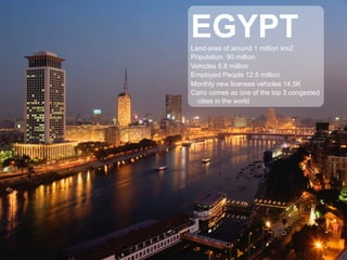 EGYPTLand-area of around 1 million km2
Population 90 million
Vehicles 5.8 million
Employed People 12.5 million
Monthly new licenses vehicles 14.5K
Cairo comes as one of the top 3 congested
cities in the world
 