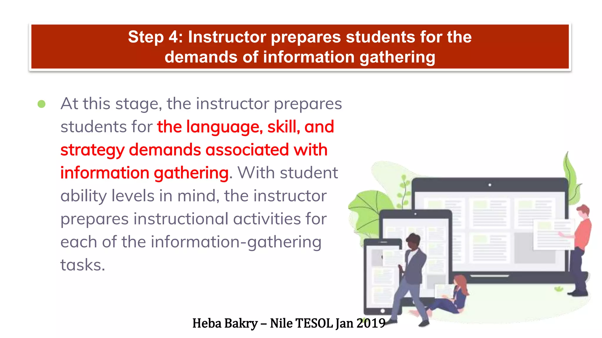 Step 4: Instructor prepares students for the
demands of information gathering
● At this stage, the instructor prepares
students for the language, skill, and
strategy demands associated with
information gathering. With student
ability levels in mind, the instructor
prepares instructional activities for
each of the information-gathering
tasks.
Heba Bakry – Nile TESOL Jan 2019
 