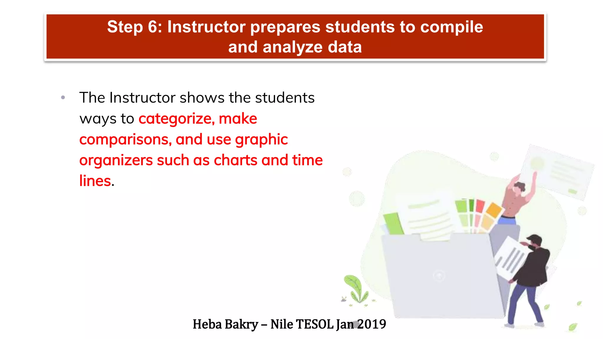 Step 6: Instructor prepares students to compile
and analyze data
• The Instructor shows the students
ways to categorize, make
comparisons, and use graphic
organizers such as charts and time
lines.
Heba Bakry – Nile TESOL Jan 2019
 