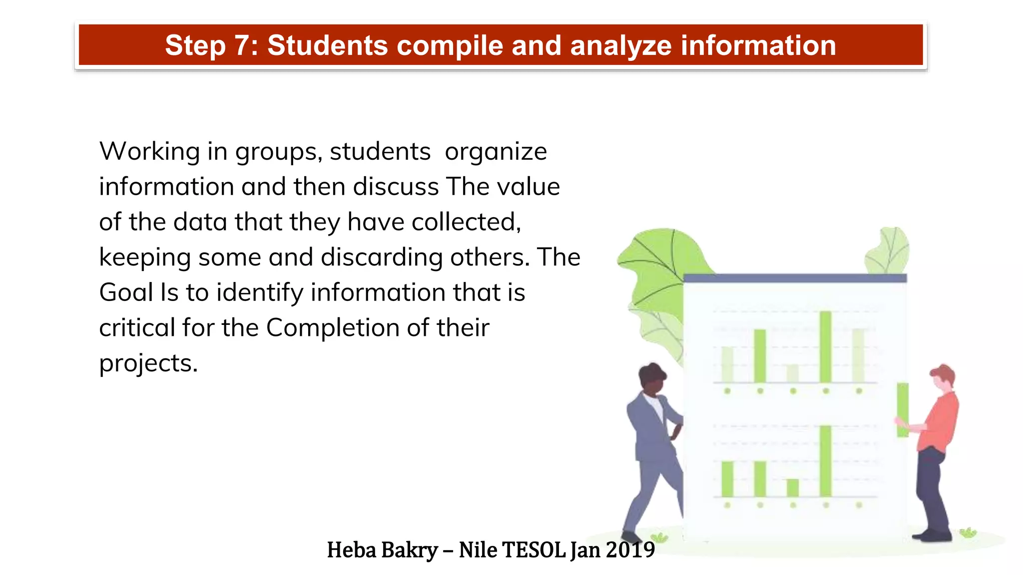 Step 7: Students compile and analyze information
Working in groups, students organize
information and then discuss The value
of the data that they have collected,
keeping some and discarding others. The
Goal Is to identify information that is
critical for the Completion of their
projects.
Heba Bakry – Nile TESOL Jan 2019
 