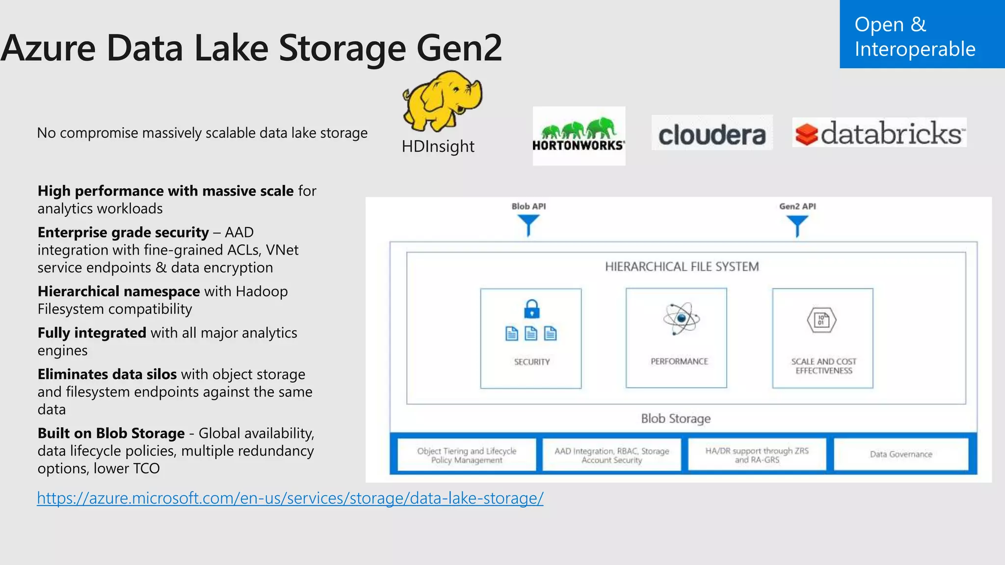 https://azure.microsoft.com/en-us/services/storage/data-lake-storage/
High performance with massive scale for
analytics workloads
Enterprise grade security – AAD
integration with fine-grained ACLs, VNet
service endpoints & data encryption
Hierarchical namespace with Hadoop
Filesystem compatibility
Fully integrated with all major analytics
engines
Eliminates data silos with object storage
and filesystem endpoints against the same
data
Built on Blob Storage - Global availability,
data lifecycle policies, multiple redundancy
options, lower TCO
HDInsight
 