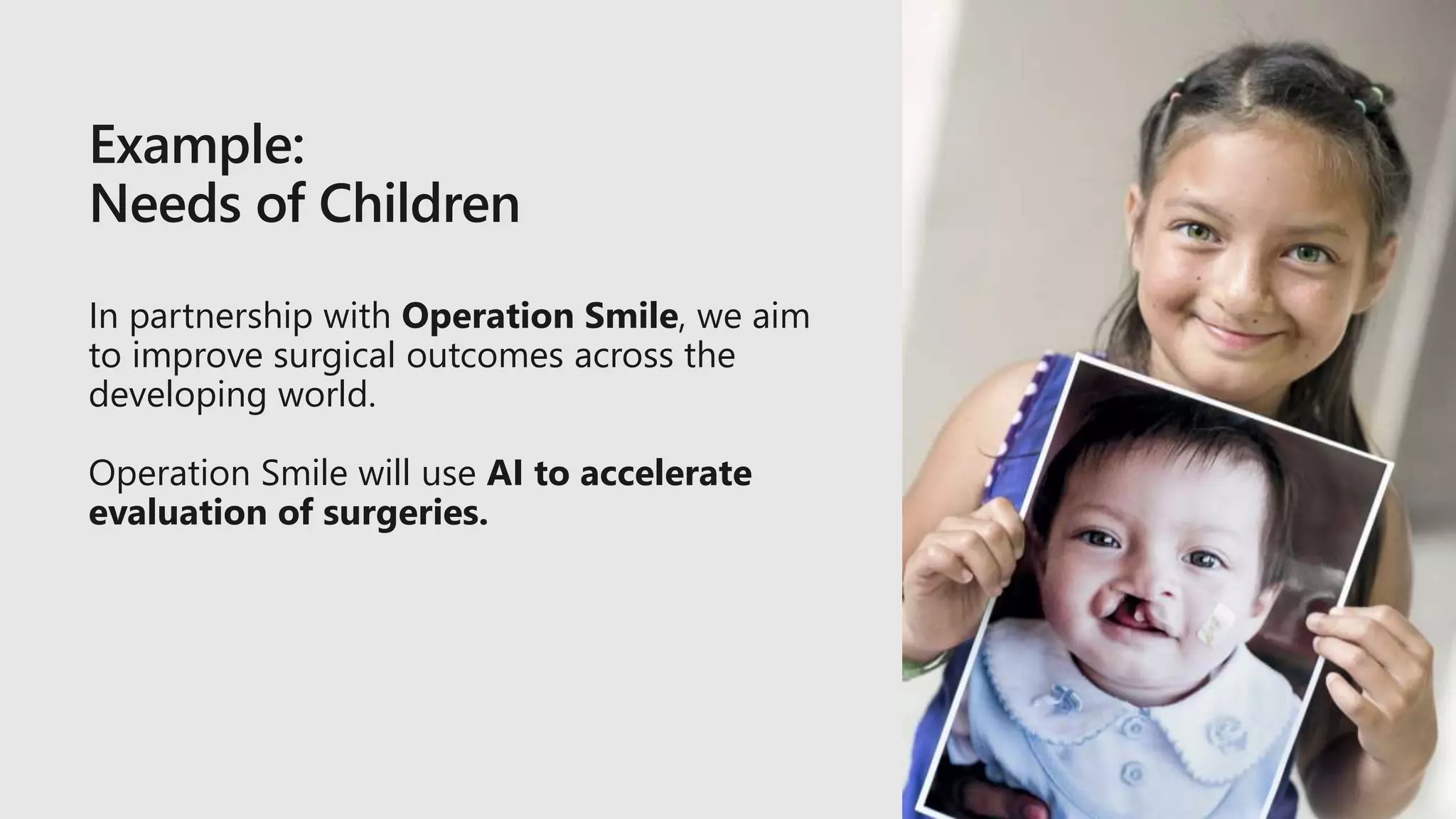 Example:
Needs of Children
In partnership with Operation Smile, we aim
to improve surgical outcomes across the
developing world.
Operation Smile will use AI to accelerate
evaluation of surgeries.
 
