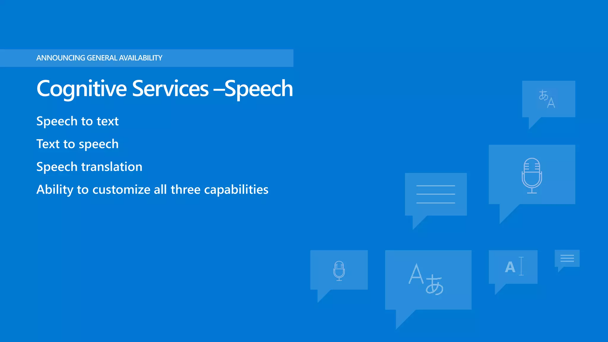 Cognitive Services –Speech
ANNOUNCING GENERAL AVAILABILITY
Speech to text
Text to speech
Speech translation
Ability to customize all three capabilities
 
