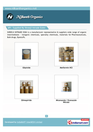 API - Supplied By Shreeji Intrade Exim:

SHREEJI INTRADE EXIM is a manufacturer representative & suppliers wide range of organic
intermediates - inorganic chemicals, specialty chemicals, materials for Pharmaceuticals,
Bulk drugs, Dyestuffs.




                 Glipizide                                Metformin HCl




               Glimepiride                            Miconazole / Econazole
                                                             Nitrate
 