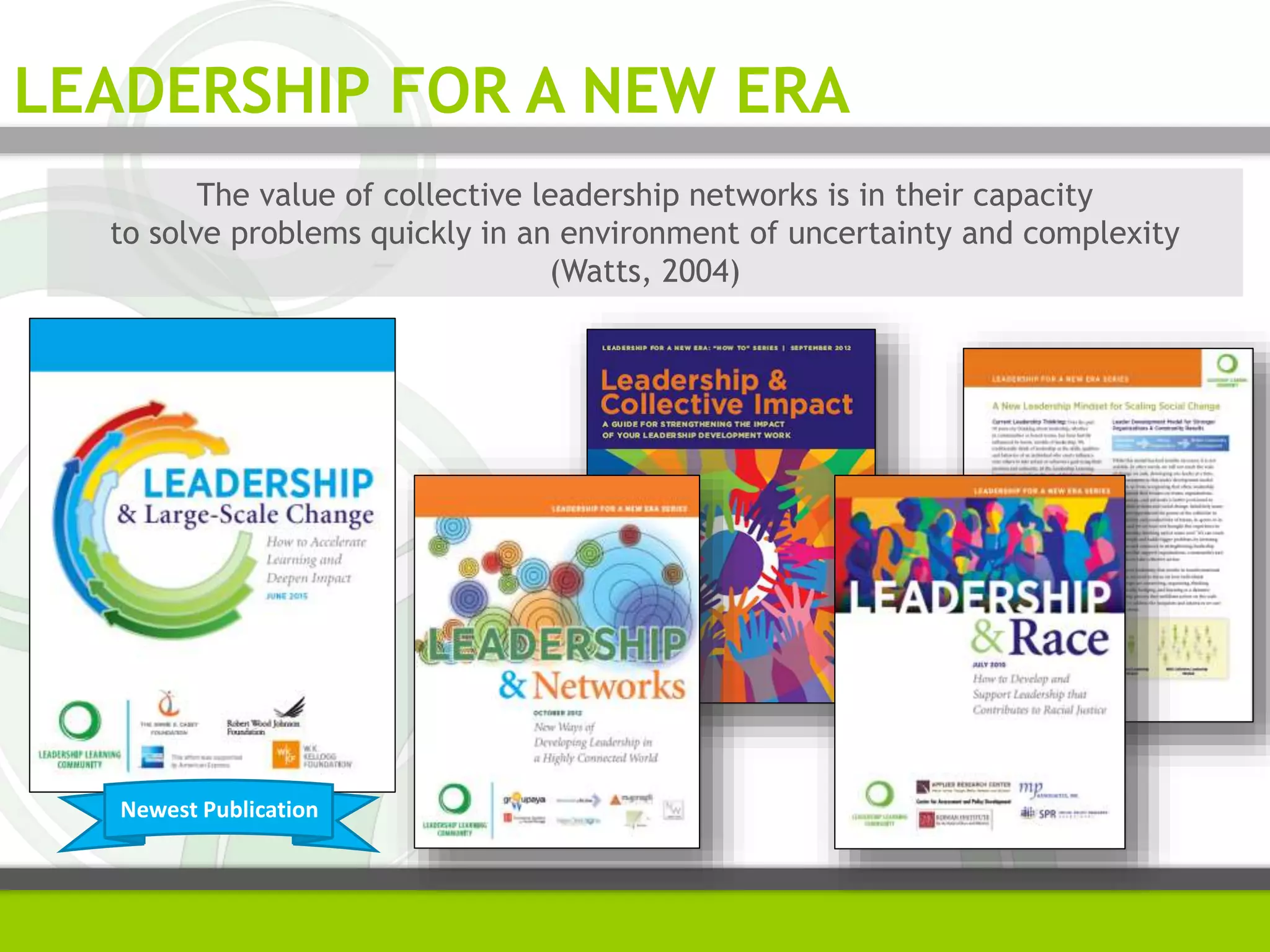 LEADERSHIP FOR A NEW ERA
The value of collective leadership networks is in their capacity
to solve problems quickly in an environment of uncertainty and complexity
(Watts, 2004)
Newest Publication
 