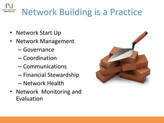 Network Building is a Practice
• Network Start Up
• Network Management
– Governance
– Coordination
– Communications
– Financial Stewardship
– Network Health
• Network Monitoring and
Evaluation
 