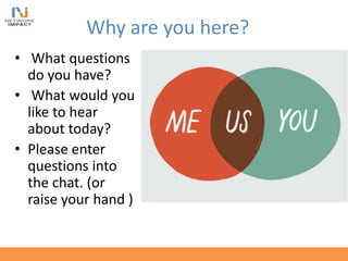 Why are you here?
• What questions
do you have?
• What would you
like to hear
about today?
• Please enter
questions into
the chat. (or
raise your hand )
 