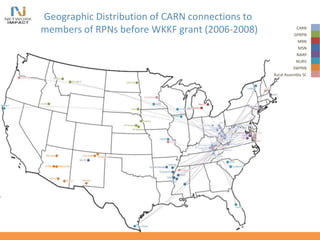 CARN
GPRPN
MRN
MSN
NARP
NURV
SWPRN
Rural Assembly SC
Geographic Distribution of CARN connections to
members of RPNs before WKKF grant (2006-2008)
 